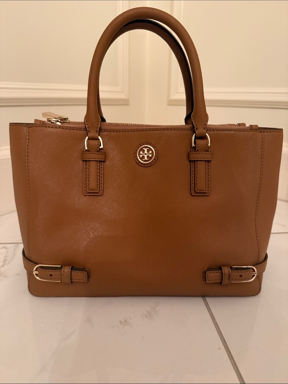 Tory Burch Caramel Tan Saffiano Leather Satchel with Gold Logo